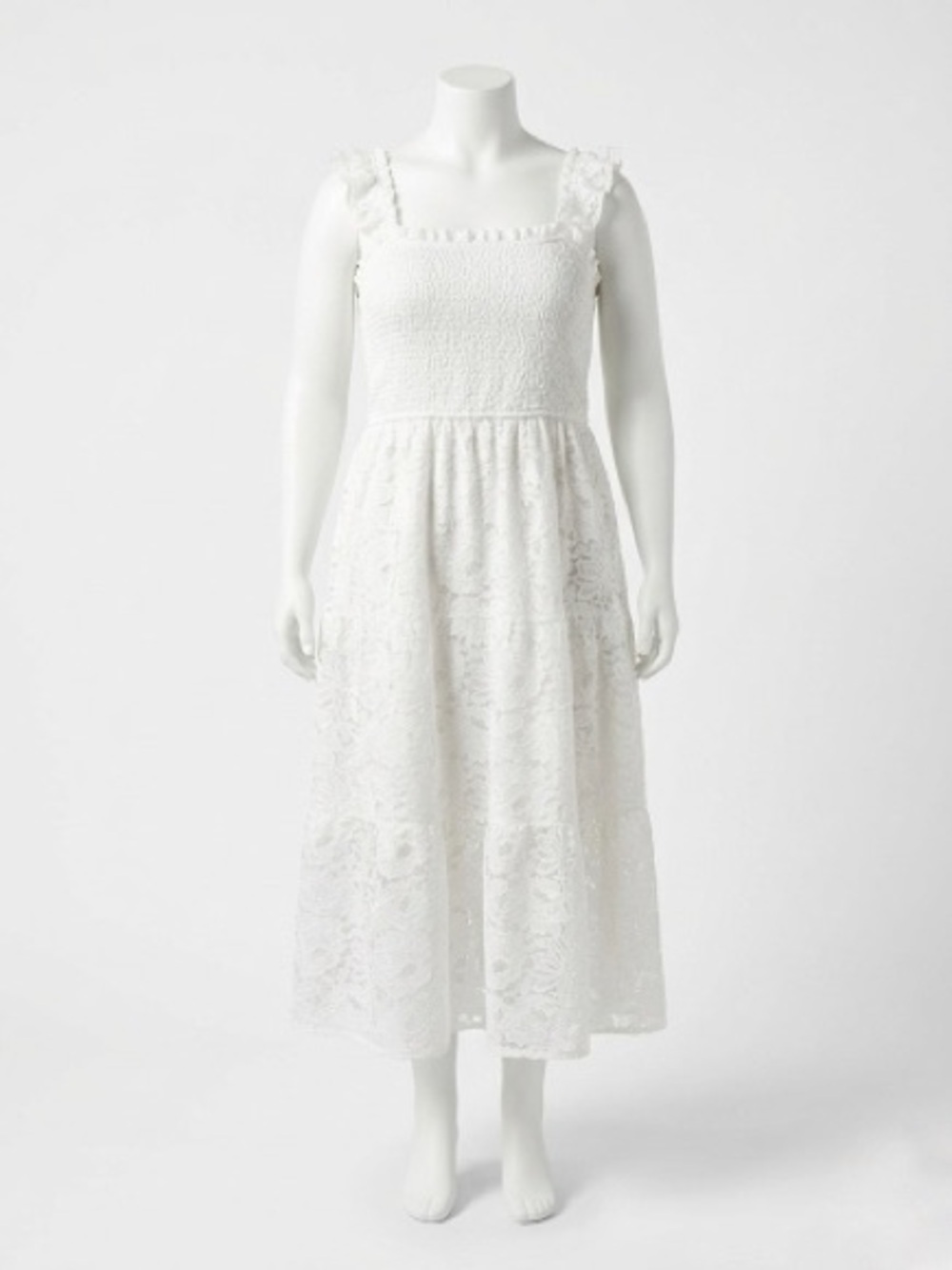 White Lace Tiered Smocked Bodice Midi Dress Cottagecore Shabby Chic Bridal 3XL